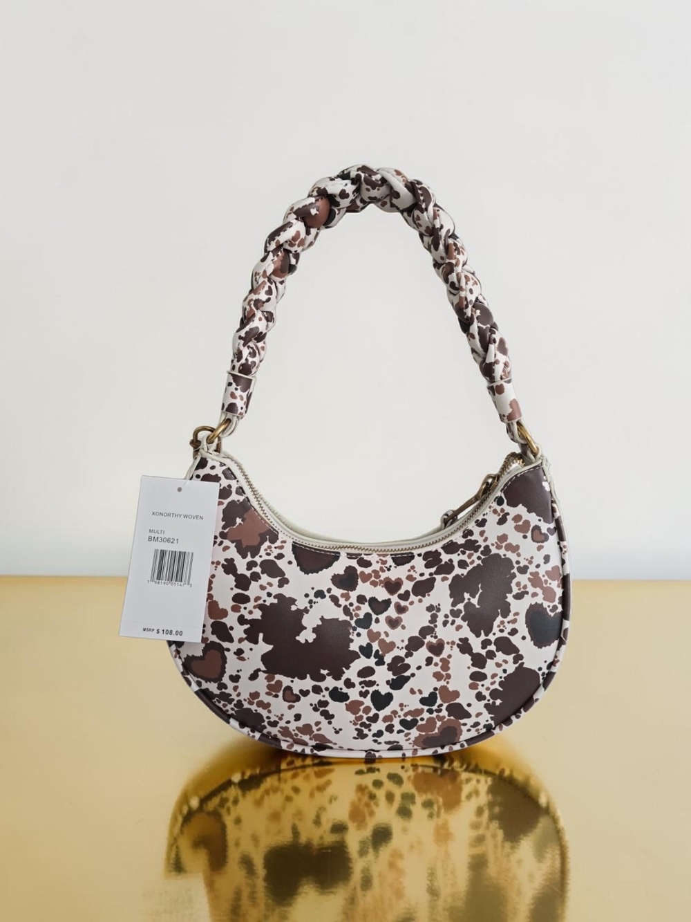 NEW BETSEY JOHNSON Western Cow Print Brown White Braided Handle Shoulder Bag NWT